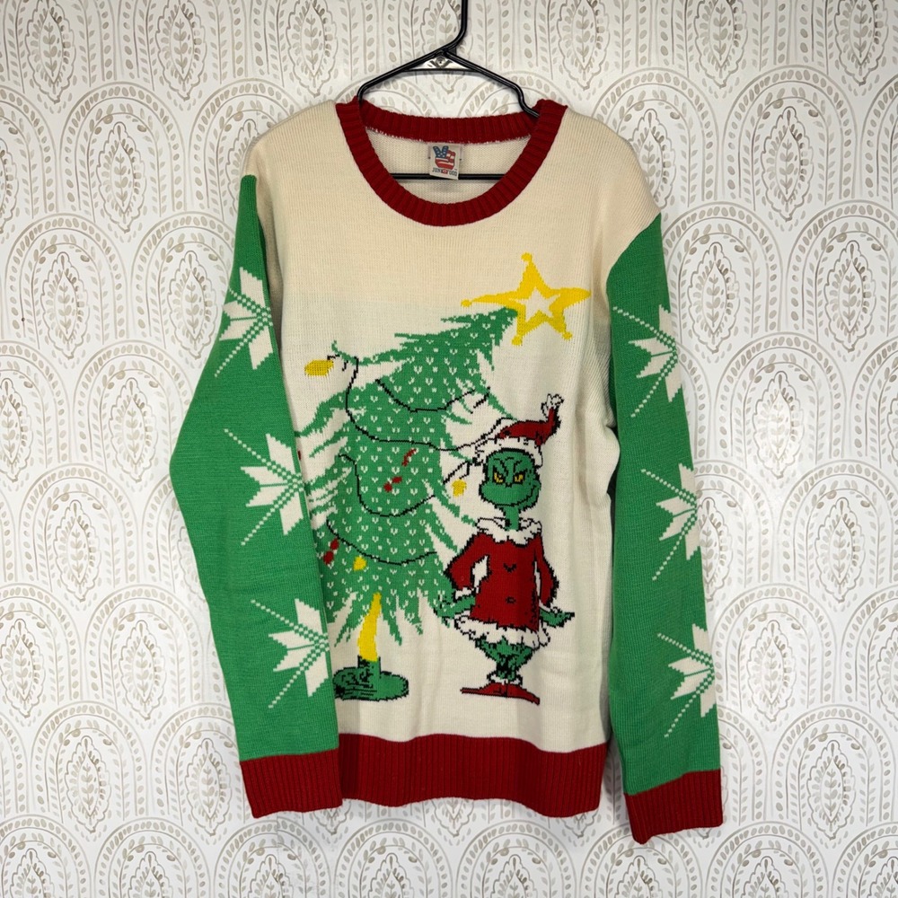 Junk Food The Grinch Christmas Sweater Mens XL White Green Holiday Dr Seuss Knit
